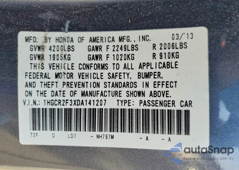 2013 Honda Accord Lx z USA, uszkodzony, nr VIN 1HGCR2F3XDA141207